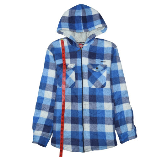 Lee Cooper Men Blue Check Hooded Fleece Jacket L
