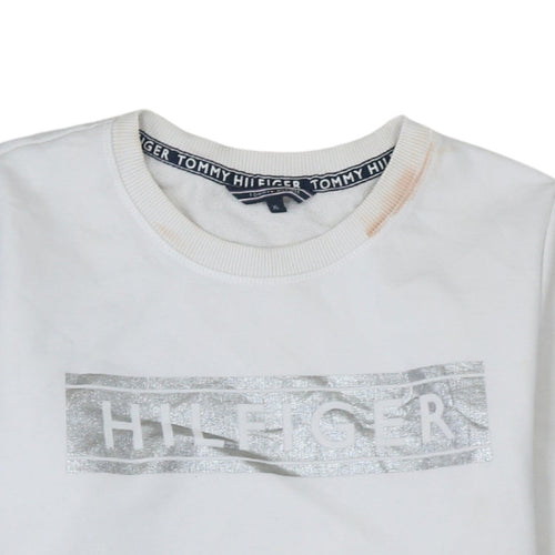 Tommy Hilfiger Womens White Silver Logo Crew Neck Sweatshirt XL
