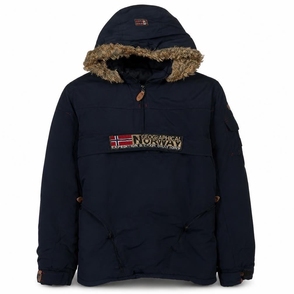 Front view of Geographical Norway Men's Black Hooded Anorak Jacket S Regular Fit