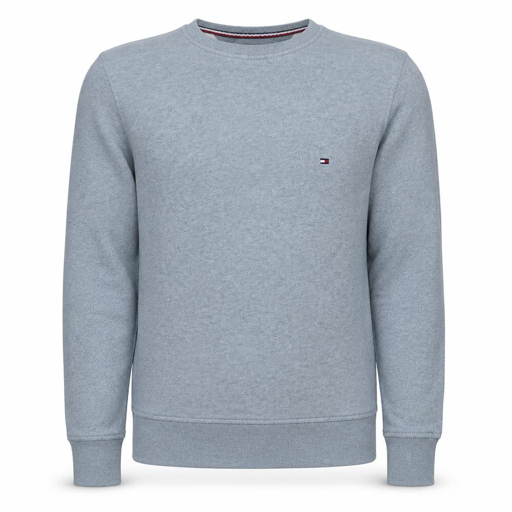 Front view of Tommy Hilfiger Men's Grey Small Crew Neck Pullover Sweatshirt