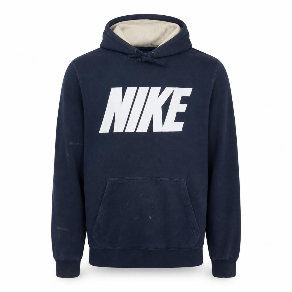 Front view of Nike Men's Blue Pullover Hoodie, size S, Logo Fleece Sweatshirt