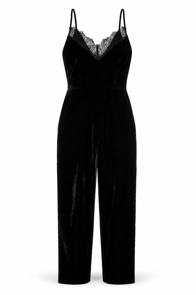H&M Women Black Lace Trim Velvet Jumpsuit Size 6 Partywear