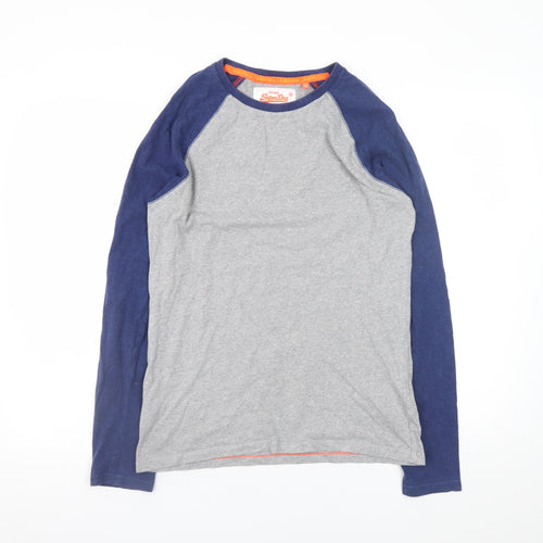 Superdry Men's Grey Blue Long Sleeve Crew Neck T-Shirt Size S