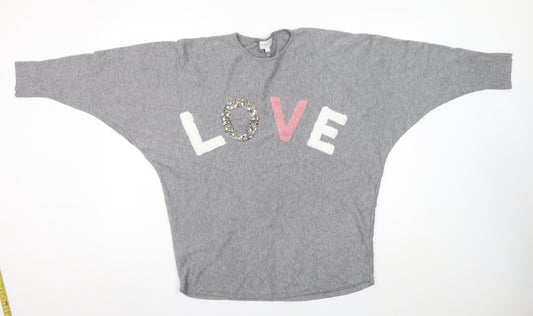 Apricot Womens Grey LOVE Beaded Crew Neck Batwing Jumper M