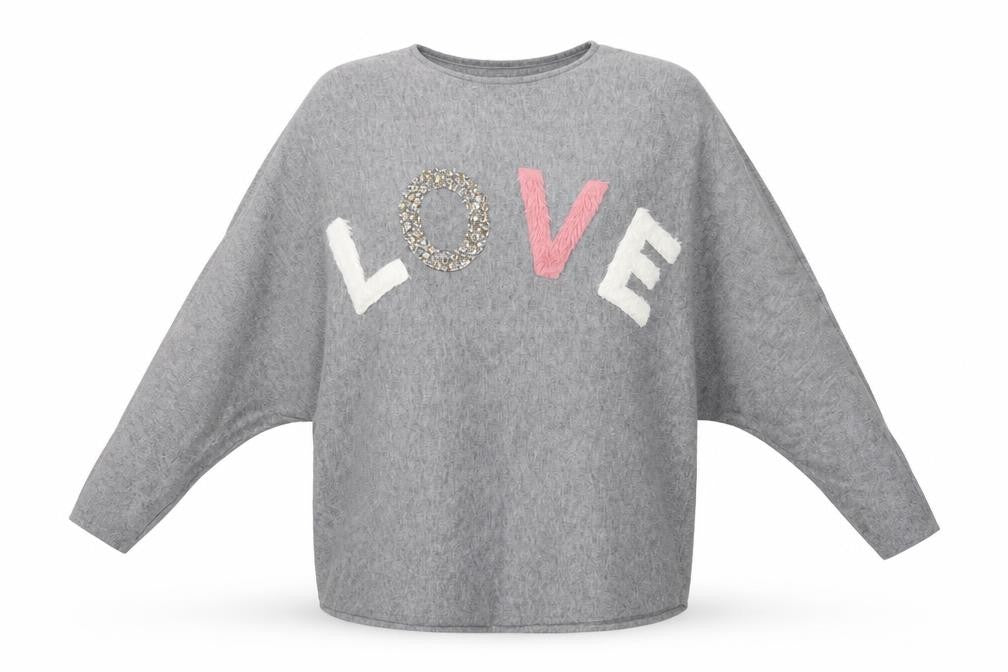 Front view of Apricot women’s grey love beaded crew neck batwing jumper m