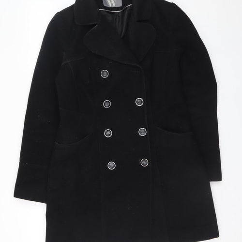 BHS Womens Black Wool Look Pea Coat Size 10 Double Breasted Classic Style