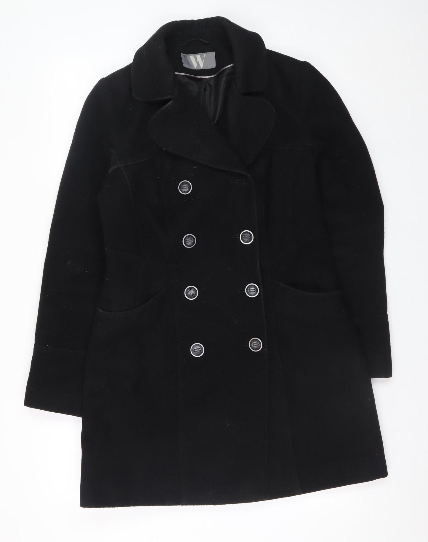 BHS Womens Black Wool Look Pea Coat Size 10 Double Breasted Classic Style