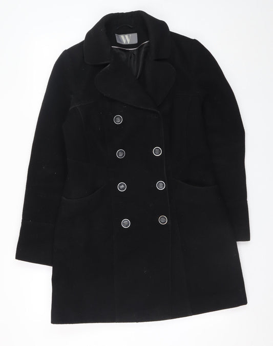 BHS Womens Black Wool Look Pea Coat Size 10 Double Breasted Classic Style