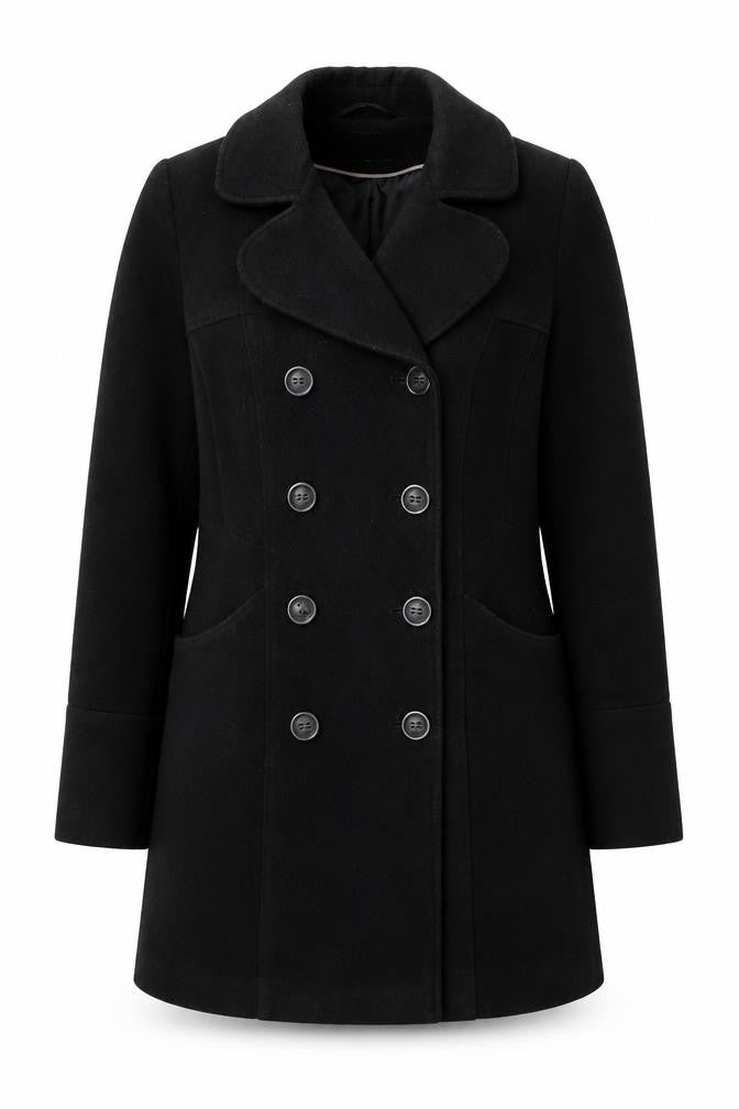 Front view of BHS women’s black wool look pea coat, size UK 10, double breasted classic style