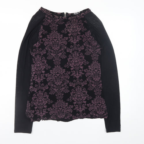 Sigeag Womens Black Purple Floral Long Sleeve Zip Blouse Size L
