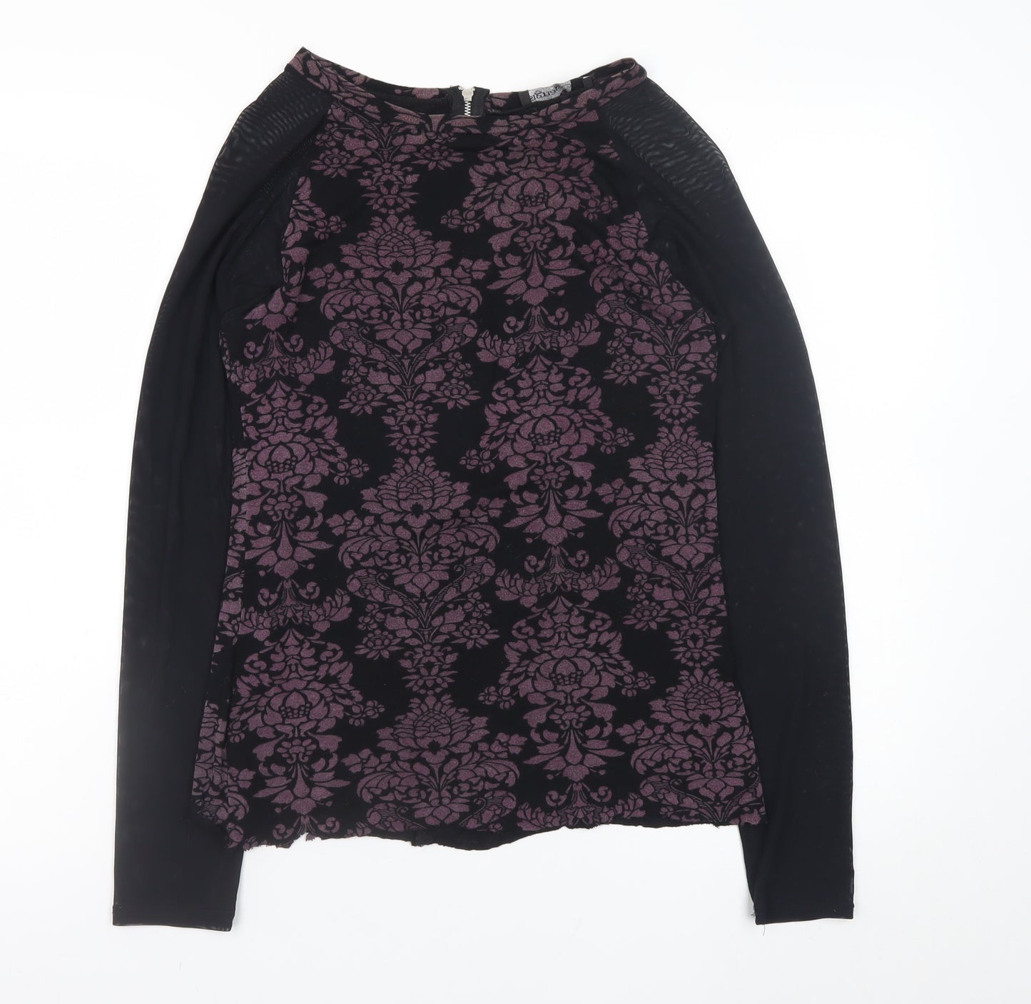 Sigeag Womens Black Purple Floral Long Sleeve Zip Blouse Size L