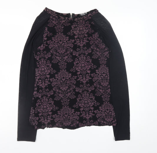 Sigeag Womens Black Purple Floral Long Sleeve Zip Blouse Size L
