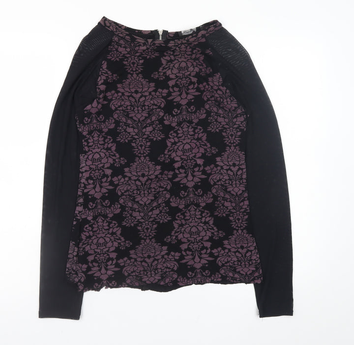 Sigeag Womens Black Purple Floral Long Sleeve Zip Blouse Size L