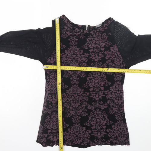 Sigeag Womens Black Purple Floral Long Sleeve Zip Blouse Size L