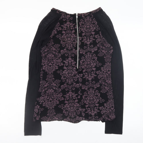 Sigeag Womens Black Purple Floral Long Sleeve Zip Blouse Size L