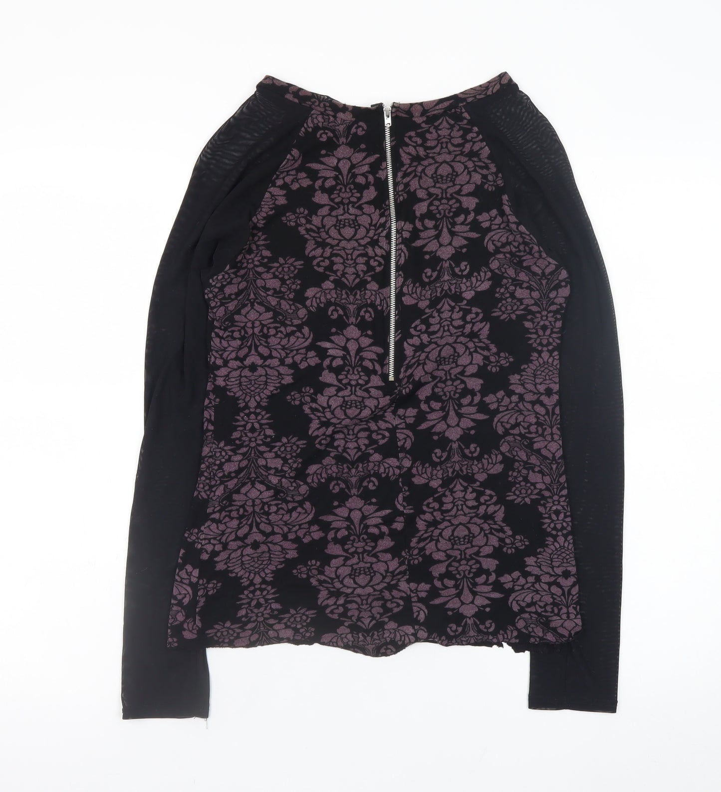 Sigeag Womens Black Purple Floral Long Sleeve Zip Blouse Size L