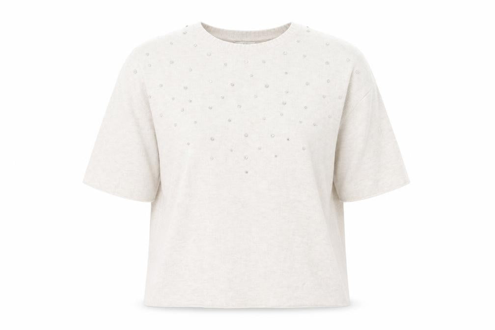 Front view of Marks & Spencer Women’s Beige Beaded Short Sleeve jumper, size UK 14