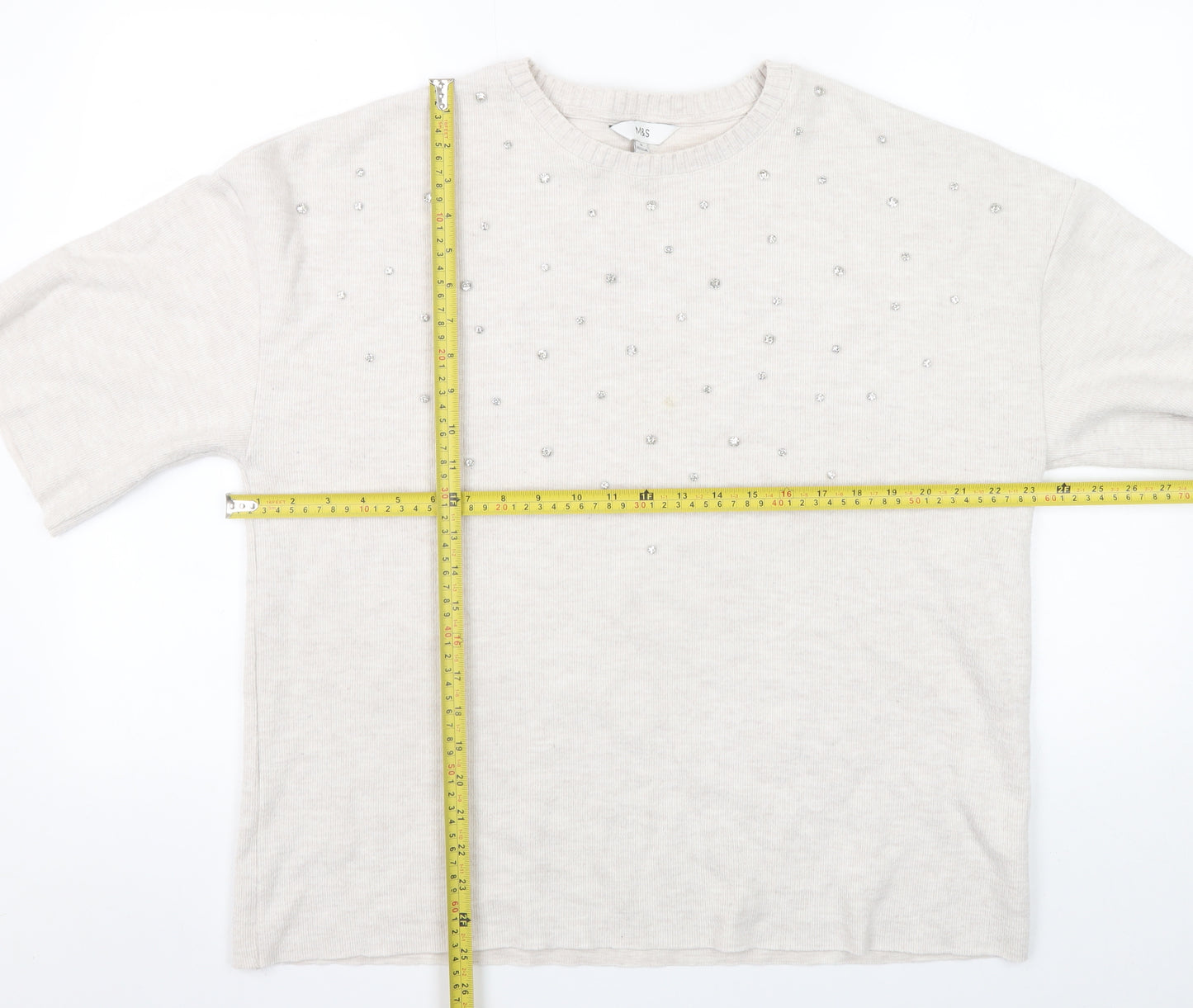 Marks and Spencer Women’s Beige Beaded Short Sleeve Pullover Jumper Size 14