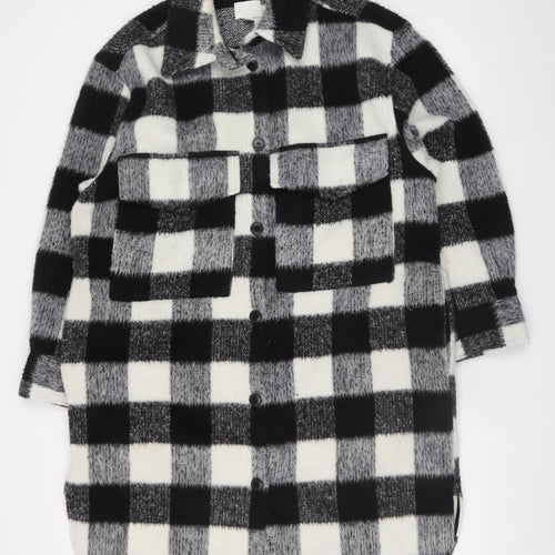 H&M Women's Black & White Checked Wool Blend Shacket Coat M