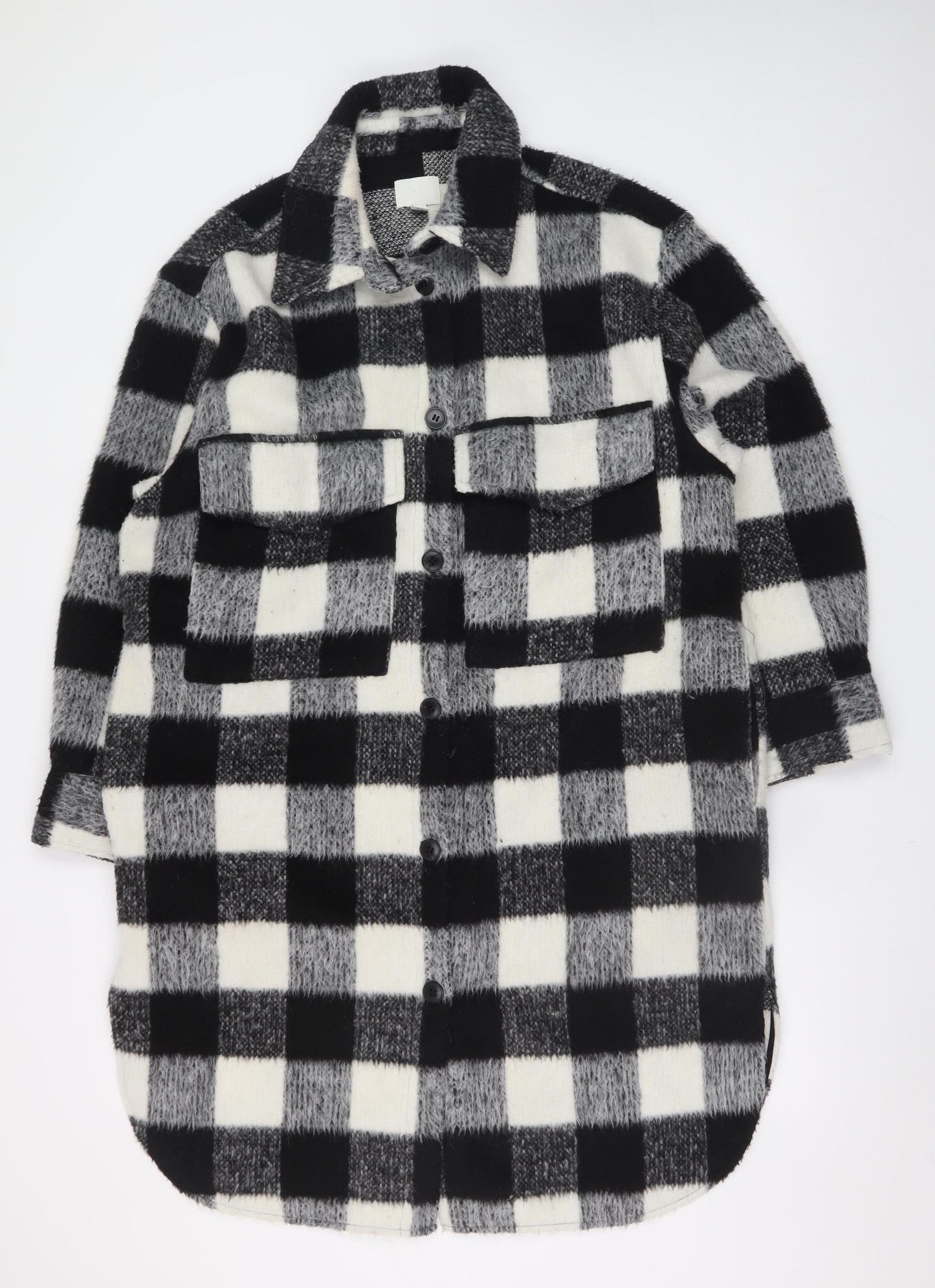 H&M Women's Black & White Checked Wool Blend Shacket Coat M