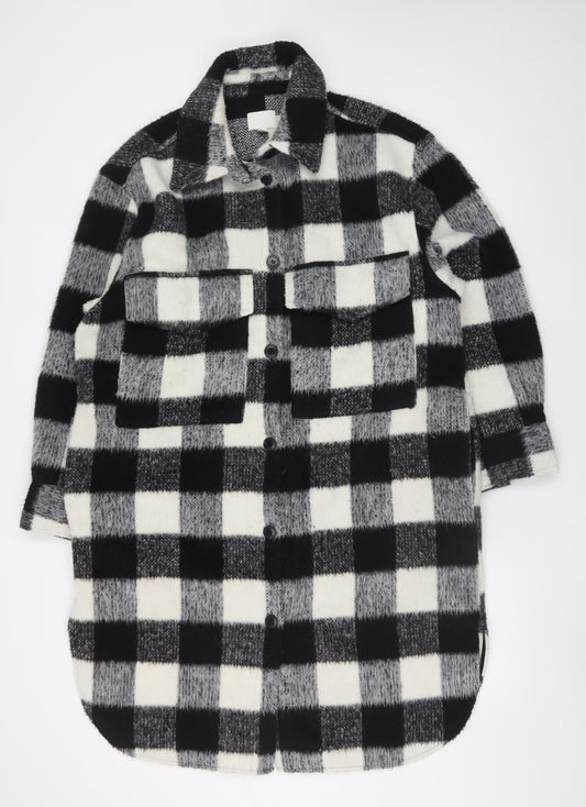 H&M Women's Black & White Checked Wool Blend Shacket Coat M