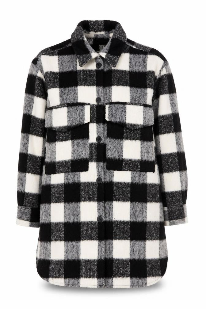 Front view of H&M Women's Black & White Checked Wool Blend Shacket Coat M