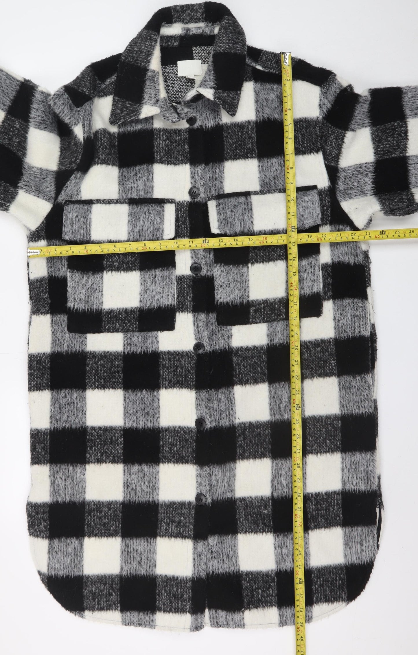 H&M Women's Black & White Checked Wool Blend Shacket Coat M
