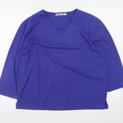 Poppy Womens Purple V-Neck Long Sleeve Basic T-Shirt UK 18