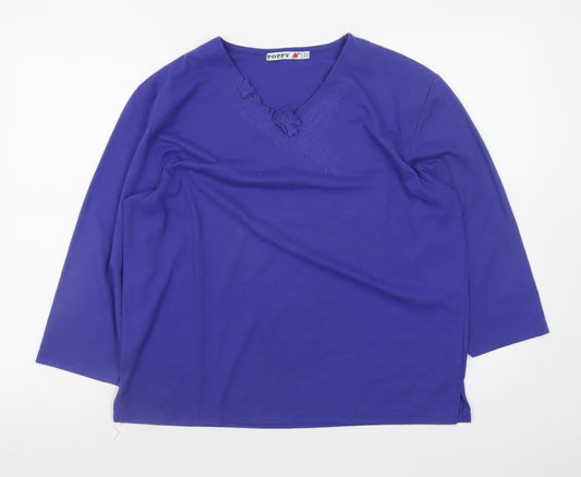 Poppy Womens Purple V-Neck Long Sleeve Basic T-Shirt UK 18