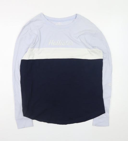 Hollister Men's Blue Colourblock Long Sleeve Crew Neck T-Shirt Size S