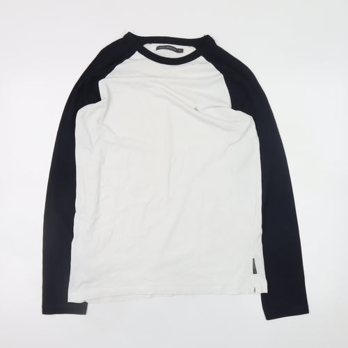 French Connection Men's White & Navy Long Sleeve Crew Neck T-Shirt Size M