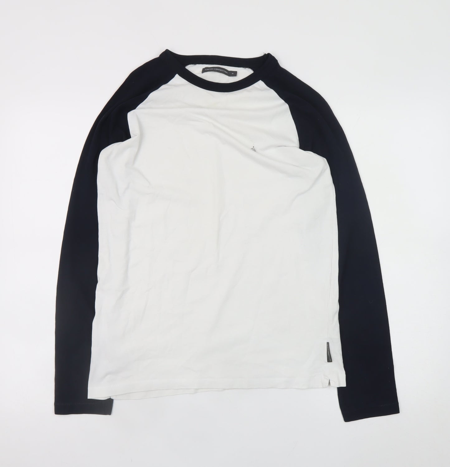 French Connection Men's White & Navy Long Sleeve Crew Neck T-Shirt Size M