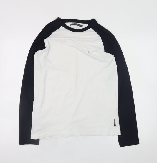 French Connection Men's White & Navy Long Sleeve Crew Neck T-Shirt Size M