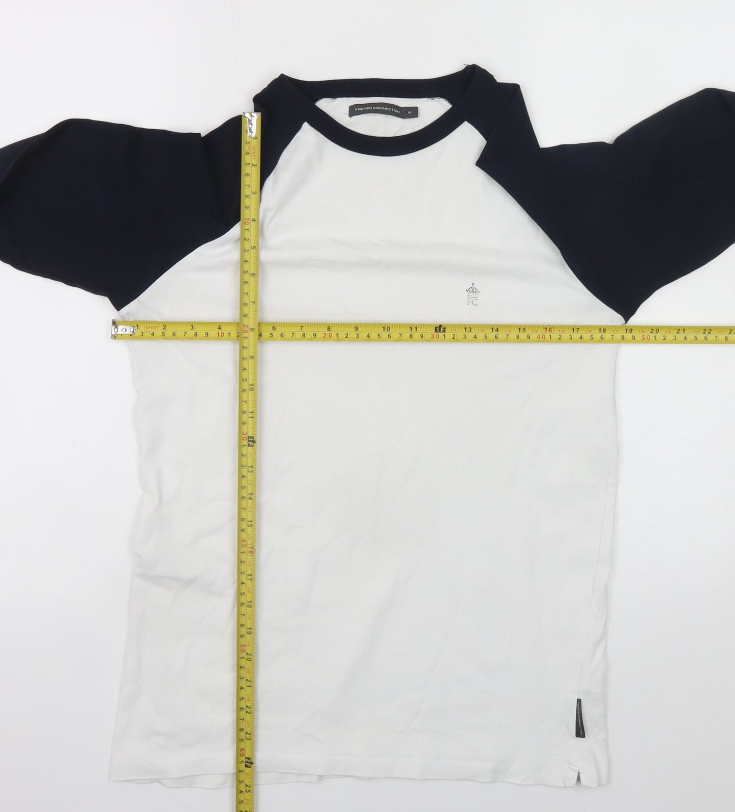 French Connection Men's White & Navy Long Sleeve Crew Neck T-Shirt Size M