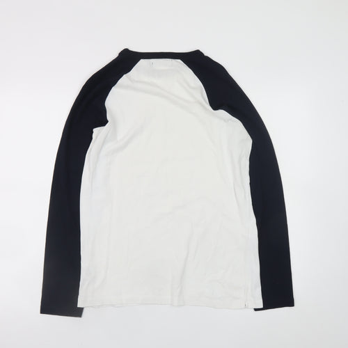 French Connection Men's White & Navy Long Sleeve Crew Neck T-Shirt Size M