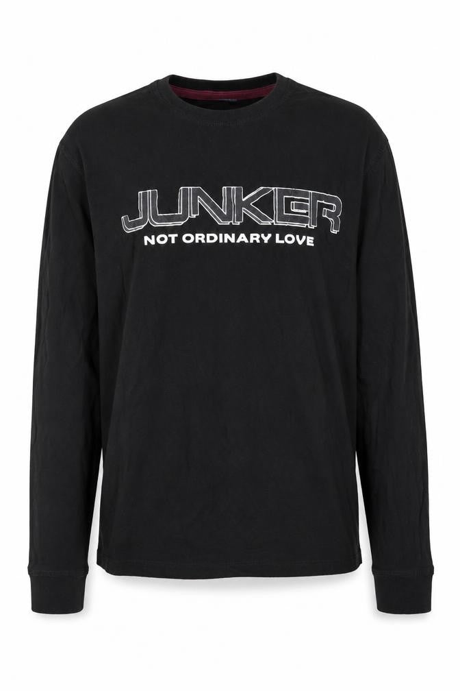 Front view of Junker Men's Black Long Sleeve Graphic T-Shirt, size L