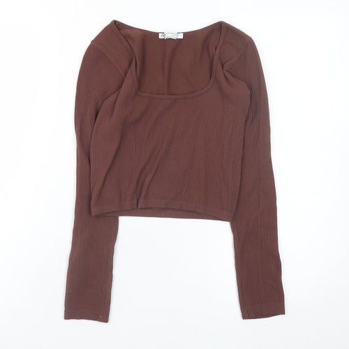 Zara Women Brown Cropped Ribbed Long Sleeve Square Neck Top XS