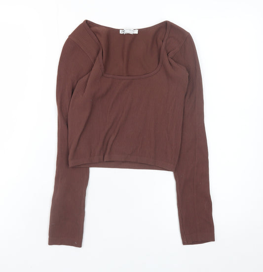 Zara Women Brown Cropped Ribbed Long Sleeve Square Neck Top XS