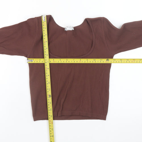 Zara Women Brown Cropped Ribbed Long Sleeve Square Neck Top XS