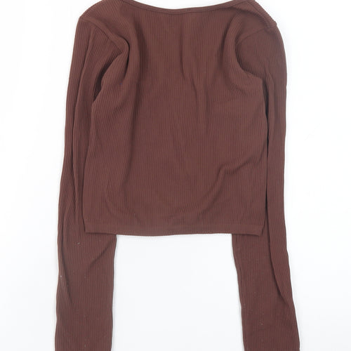 Zara Women Brown Cropped Ribbed Long Sleeve Square Neck Top XS