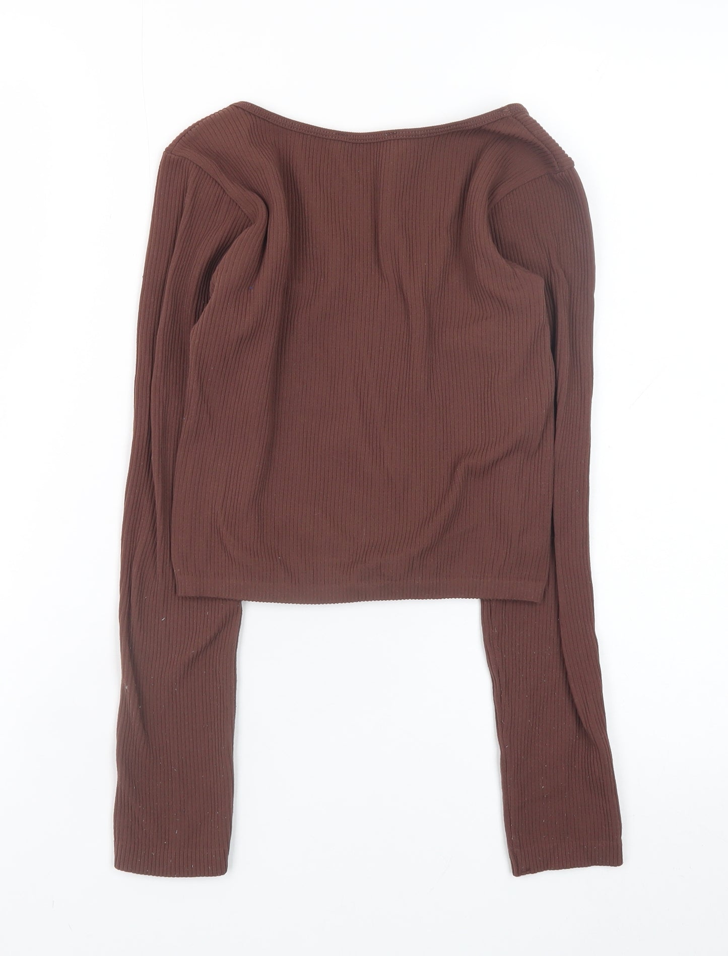 Zara Women Brown Cropped Ribbed Long Sleeve Square Neck Top XS
