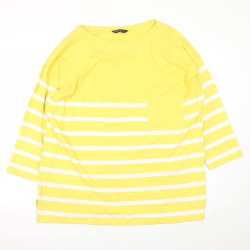 Marks and Spencer Women Yellow Striped 3/4 Sleeve Cotton T-Shirt Size 14