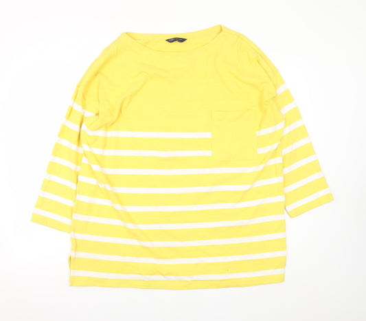 Marks and Spencer Women Yellow Striped 3/4 Sleeve Cotton T-Shirt Size 14