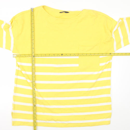 Marks and Spencer Women Yellow Striped 3/4 Sleeve Cotton T-Shirt Size 14