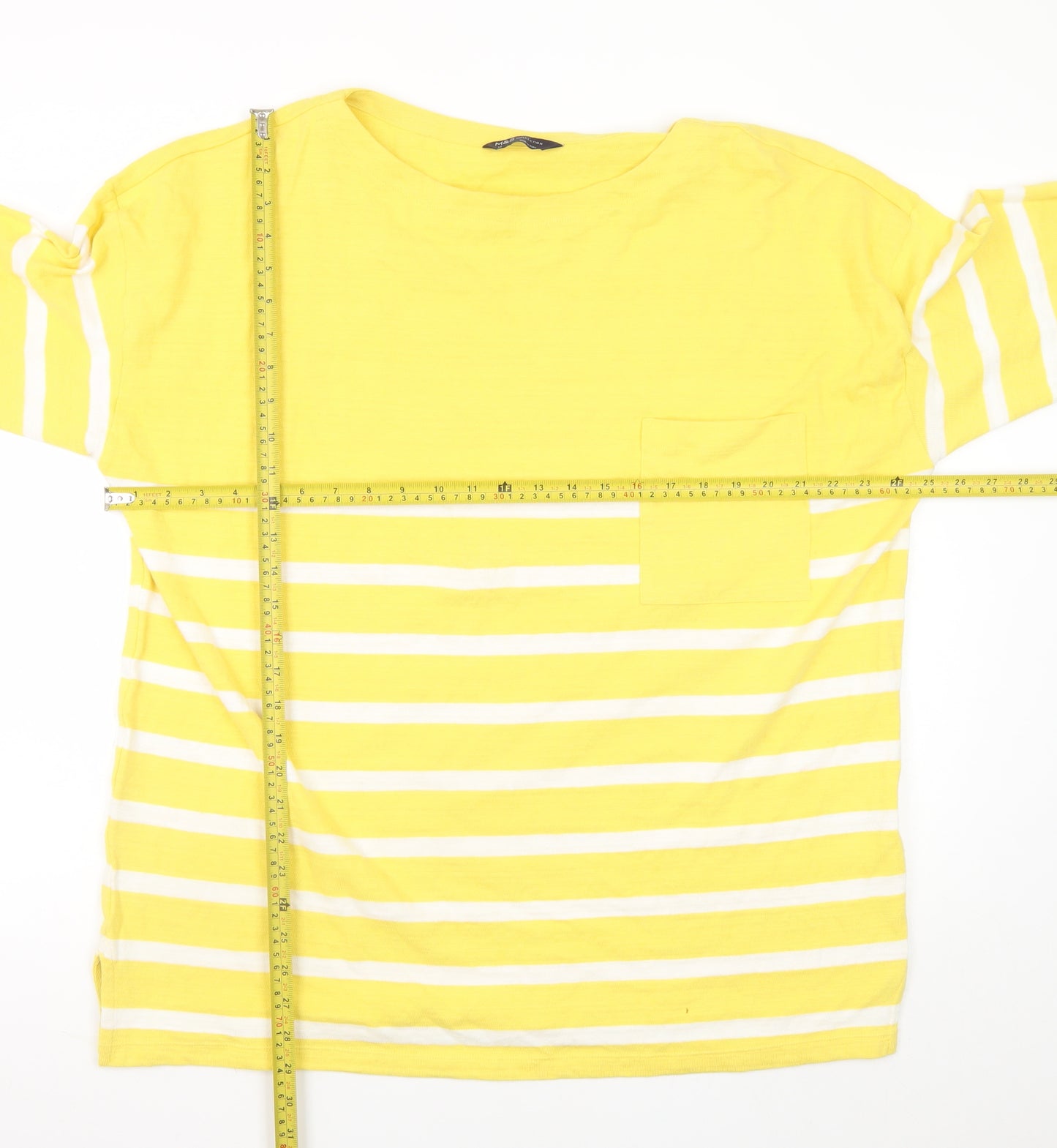 Marks and Spencer Women Yellow Striped 3/4 Sleeve Cotton T-Shirt Size 14