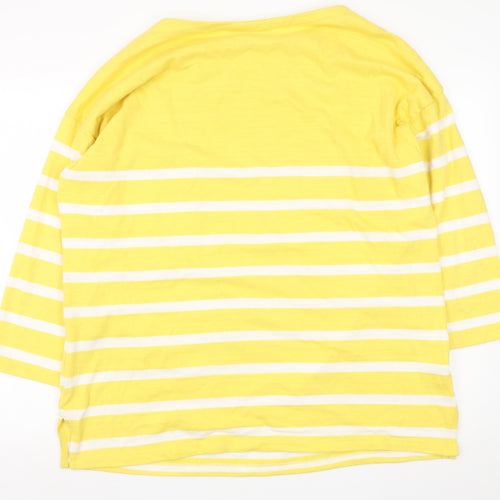 Marks and Spencer Women Yellow Striped 3/4 Sleeve Cotton T-Shirt Size 14