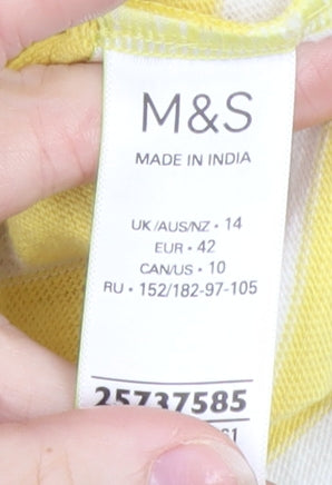 Marks and Spencer Women Yellow Striped 3/4 Sleeve Cotton T-Shirt Size 14