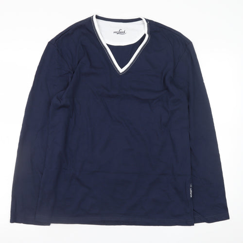 Van Laack Men's Blue V-Neck Long Sleeve Cotton Blend T-Shirt M