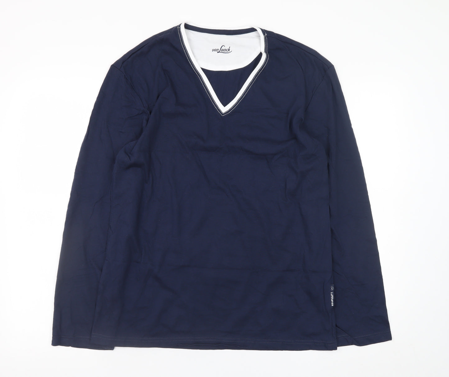 Van Laack Men's Blue V-Neck Long Sleeve Cotton Blend T-Shirt M