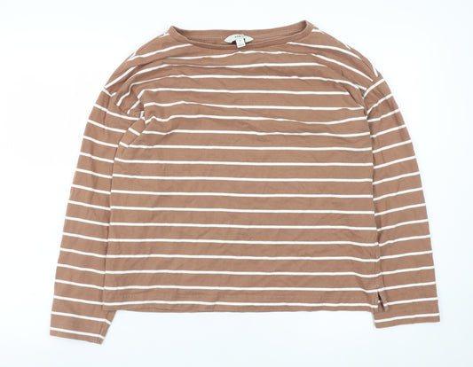 Marks and Spencer Women's Brown Striped Long Sleeve Cotton T-Shirt Size 14